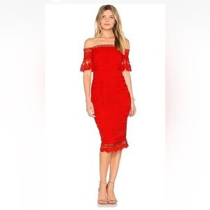 Saylor Mariah Midi Short Sleeve Off Shoulder Red Lace Embroidered Dress S Red